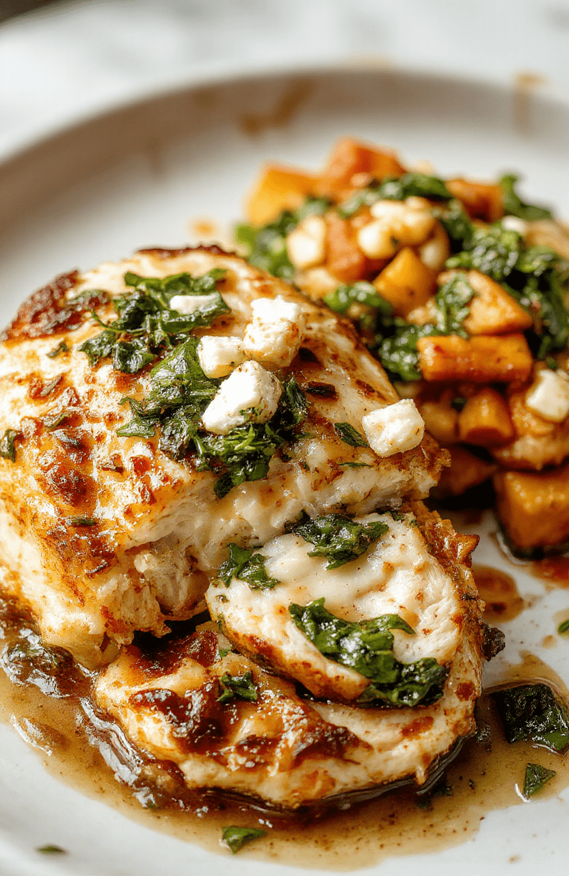 Juicy, golden-brown baked chicken breast halved and stuffed with vibrant sautéed spinach, pine nuts, and crumbled feta cheese, garnished with fresh parsley and lemon wedges, served on a rustic white ceramic plate with light olive oil drizzle