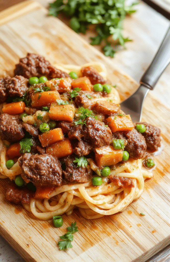 A steaming bowl of tender beef strips and egg noodles tossed in a rich savory sauce, studded with bright green peas and orange carrot slices, garnished with fresh parsley, served in a rustic ceramic bowl on a wooden table.