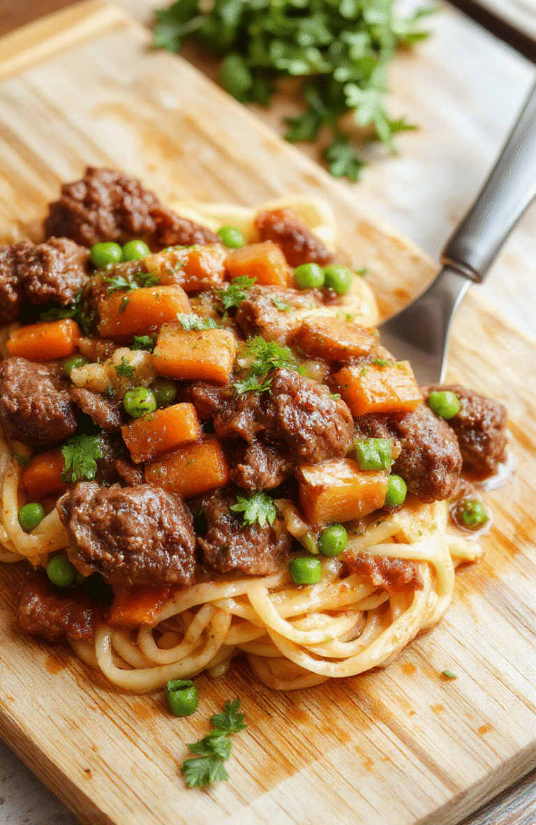 A steaming bowl of tender beef strips and egg noodles tossed in a rich savory sauce, studded with bright green peas and orange carrot slices, garnished with fresh parsley, served in a rustic ceramic bowl on a wooden table.