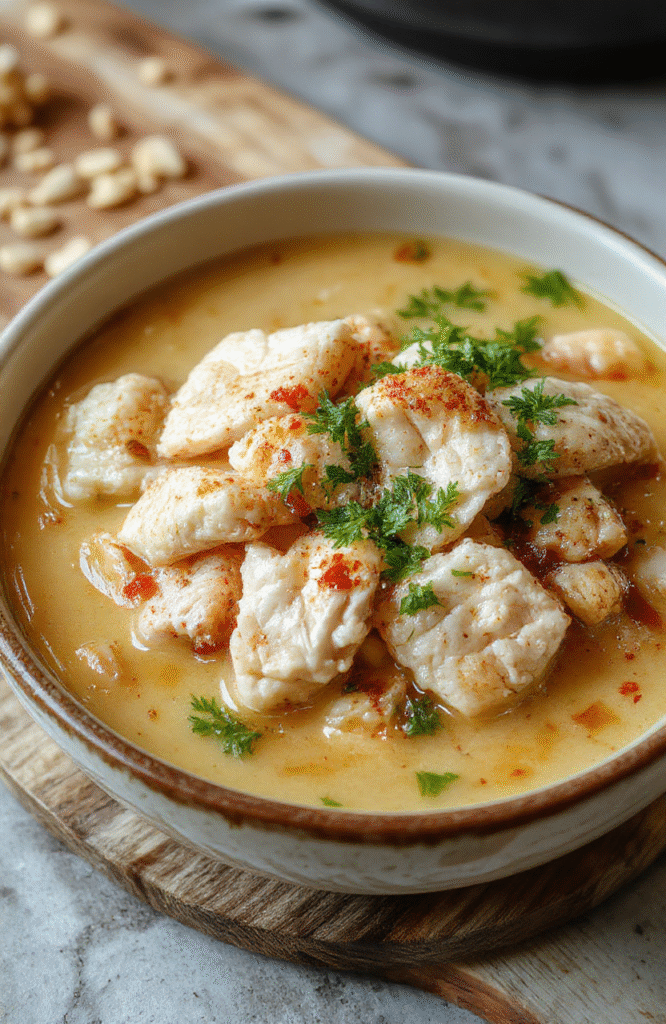 A steaming bowl of hearty chicken rice soup with tender shredded chicken, fluffy white rice, carrots, celery, and parsley, presented in a rustic ceramic bowl on a wooden table with natural light and soft shadows.