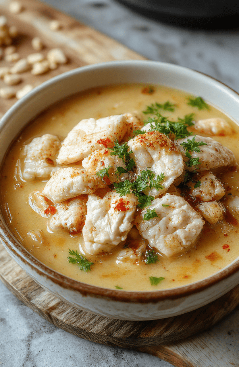 A steaming bowl of hearty chicken rice soup with tender shredded chicken, fluffy white rice, carrots, celery, and parsley, presented in a rustic ceramic bowl on a wooden table with natural light and soft shadows.