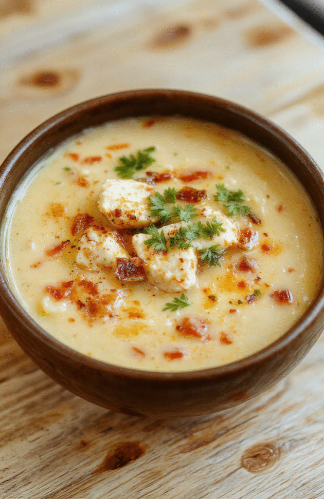 Hearty chicken tortilla soup in a rustic ceramic bowl, topped with crispy tortilla strips, shredded cheese, diced avocado, fresh cilantro, and a lime wedge, on a warm terracotta plate with soft shadows and natural daylight