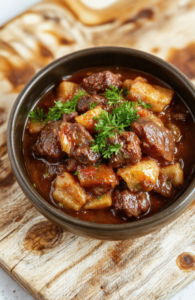 A steaming bowl of hearty beef stew with tender beef chunks, carrots, potatoes, and onions in a rich brown gravy, garnished with fresh parsley, served in a rustic ceramic bowl on a wooden table with visible stove-top慢炊er in background