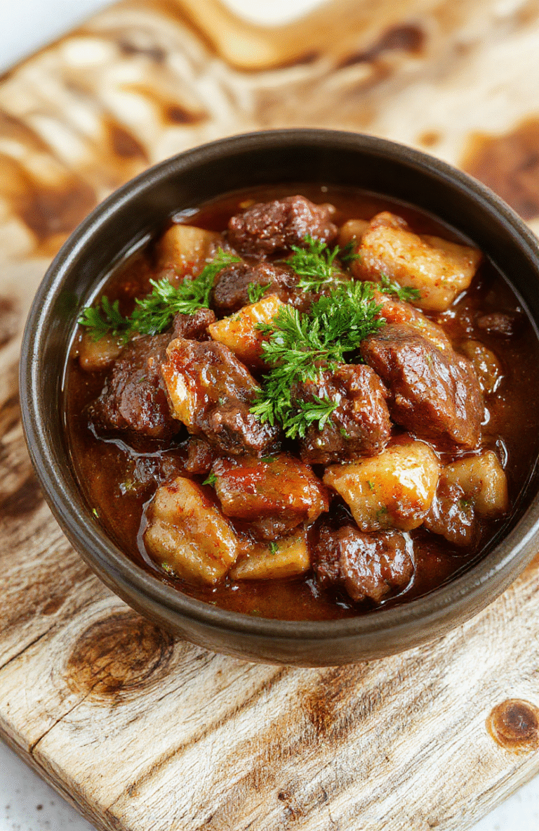 A steaming bowl of hearty beef stew with tender beef chunks, carrots, potatoes, and onions in a rich brown gravy, garnished with fresh parsley, served in a rustic ceramic bowl on a wooden table with visible stove-top慢炊er in background