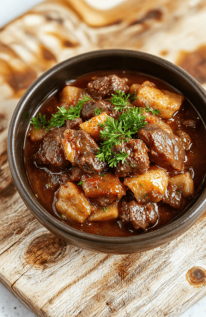 A steaming bowl of hearty beef stew with tender beef chunks, carrots, potatoes, and onions in a rich brown gravy, garnished with fresh parsley, served in a rustic ceramic bowl on a wooden table with visible stove-top慢炊er in background
