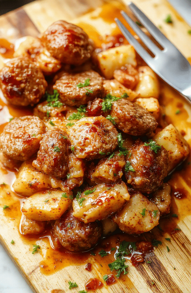 A rustic slow cooker casserole with golden-brown sausage links, tender baby potatoes, caramelized onions, and melted cheddar cheese bubbling on top, garnished with fresh parsley, served in a cast-iron skillet against a warm wooden table.
