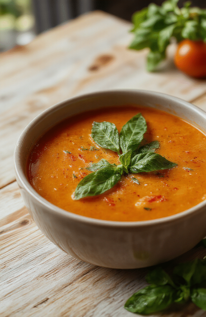 A rustic ceramic bowl filled with rich, vibrant orange homemade tomato soup, garnished with a drizzle of olive oil, fresh green basil leaves, and a crusty grilled cheese sandwich cut in half on the side. Soft steam rises from the soup, and the背景 shows a cozy wooden table with natural light.