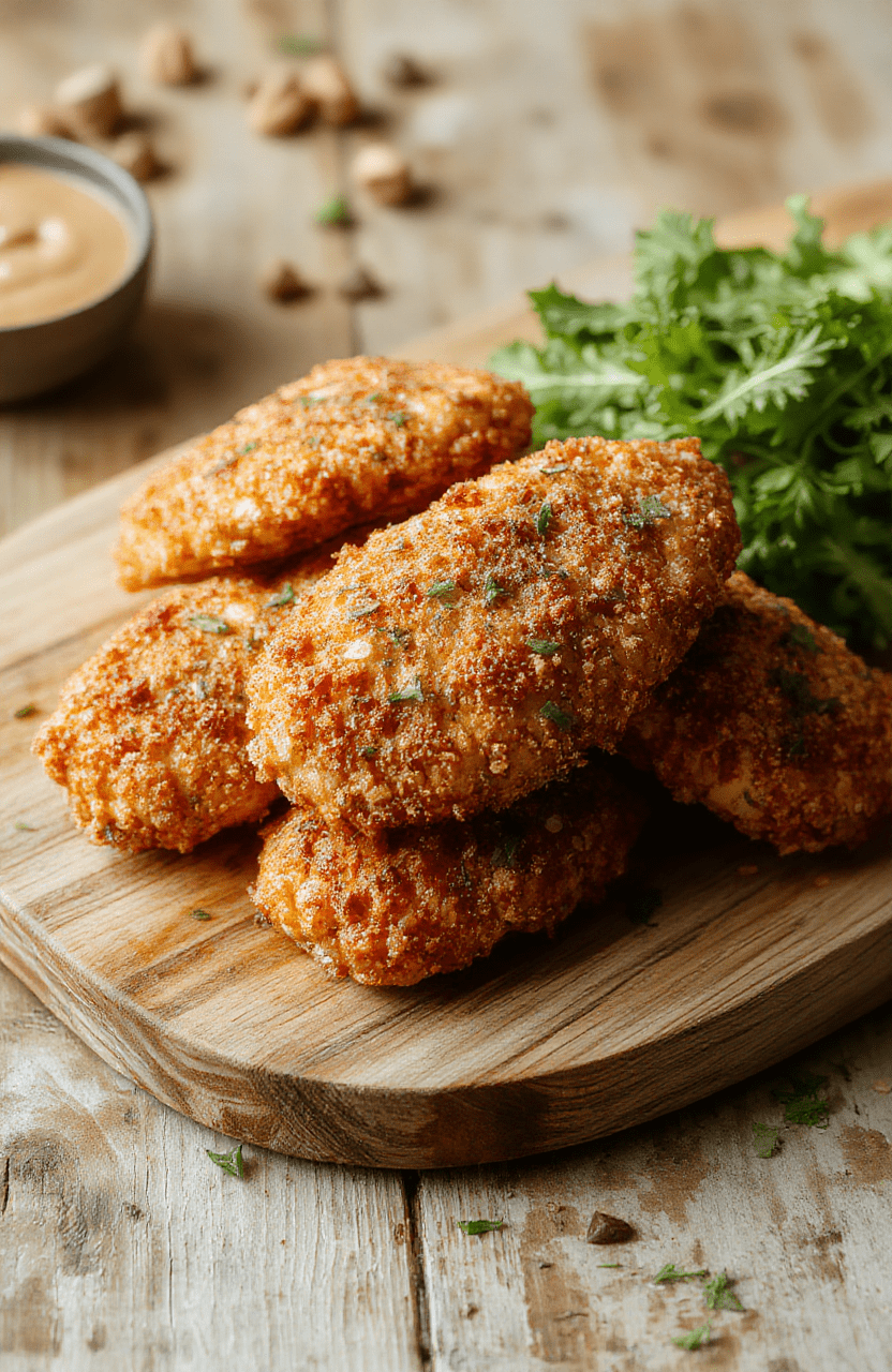 Golden-brown, evenly coated crispy chicken tenders arranged on a white ceramic plate, served with lightly greased fries and a small ramekin of tangy dipping sauce on the side, garnished with fresh parsley sprigs, captured in bright natural light with soft shadows.