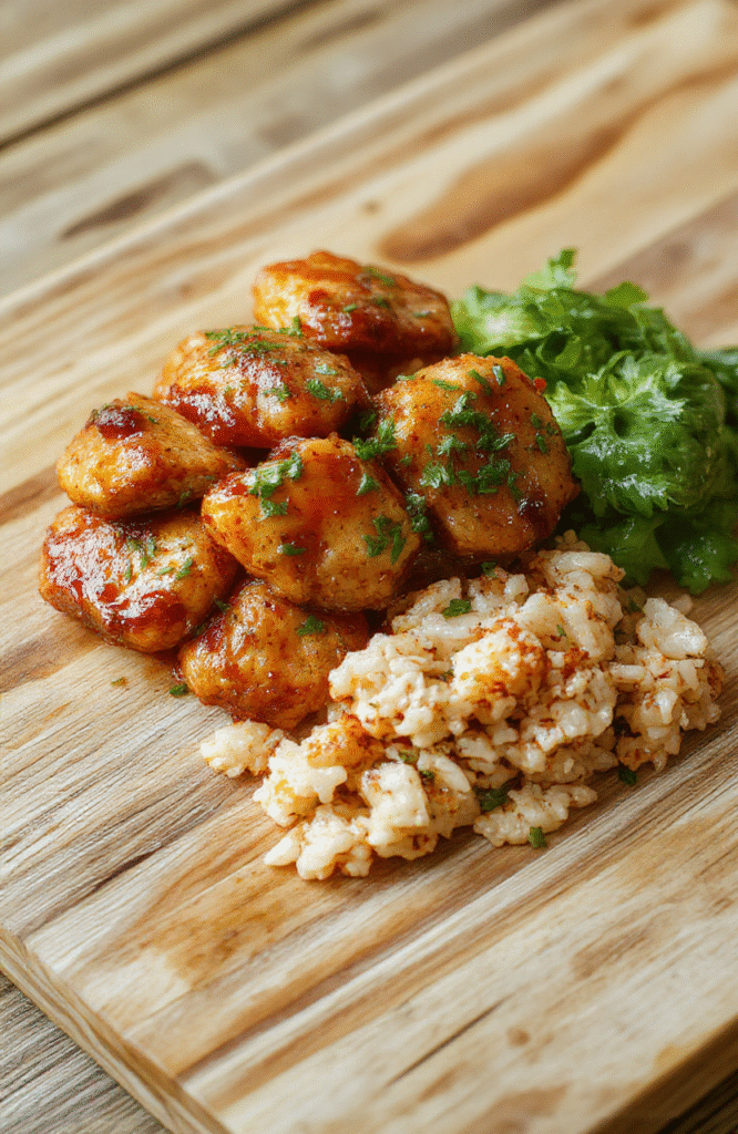Golden-brown seared chicken breasts drizzled with glossy honey butter sauce, garnished with fresh parsley and garlic slices, served over fluffy white rice, with roasted broccoli on the side, on a rustic wooden board in natural light.