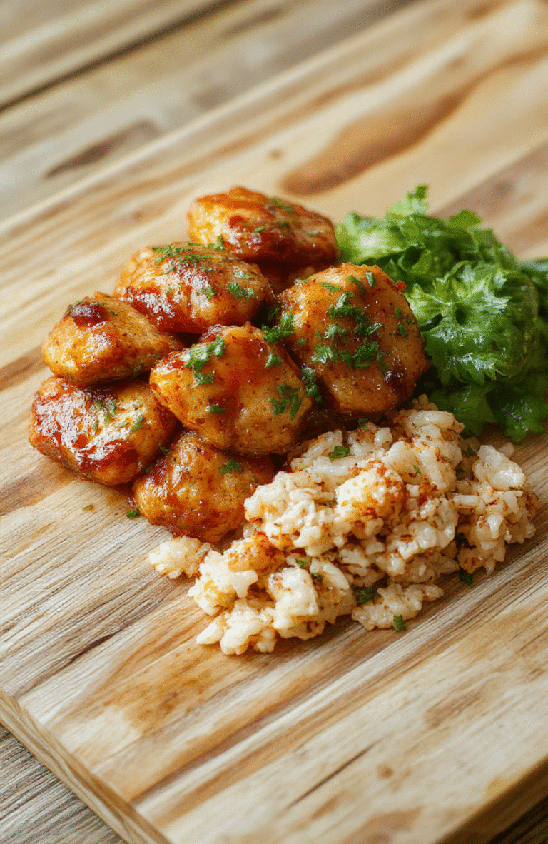 Golden-brown seared chicken breasts drizzled with glossy honey butter sauce, garnished with fresh parsley and garlic slices, served over fluffy white rice, with roasted broccoli on the side, on a rustic wooden board in natural light.