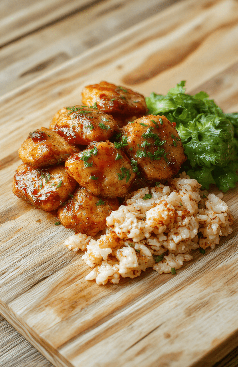 Golden-brown seared chicken breasts drizzled with glossy honey butter sauce, garnished with fresh parsley and garlic slices, served over fluffy white rice, with roasted broccoli on the side, on a rustic wooden board in natural light.