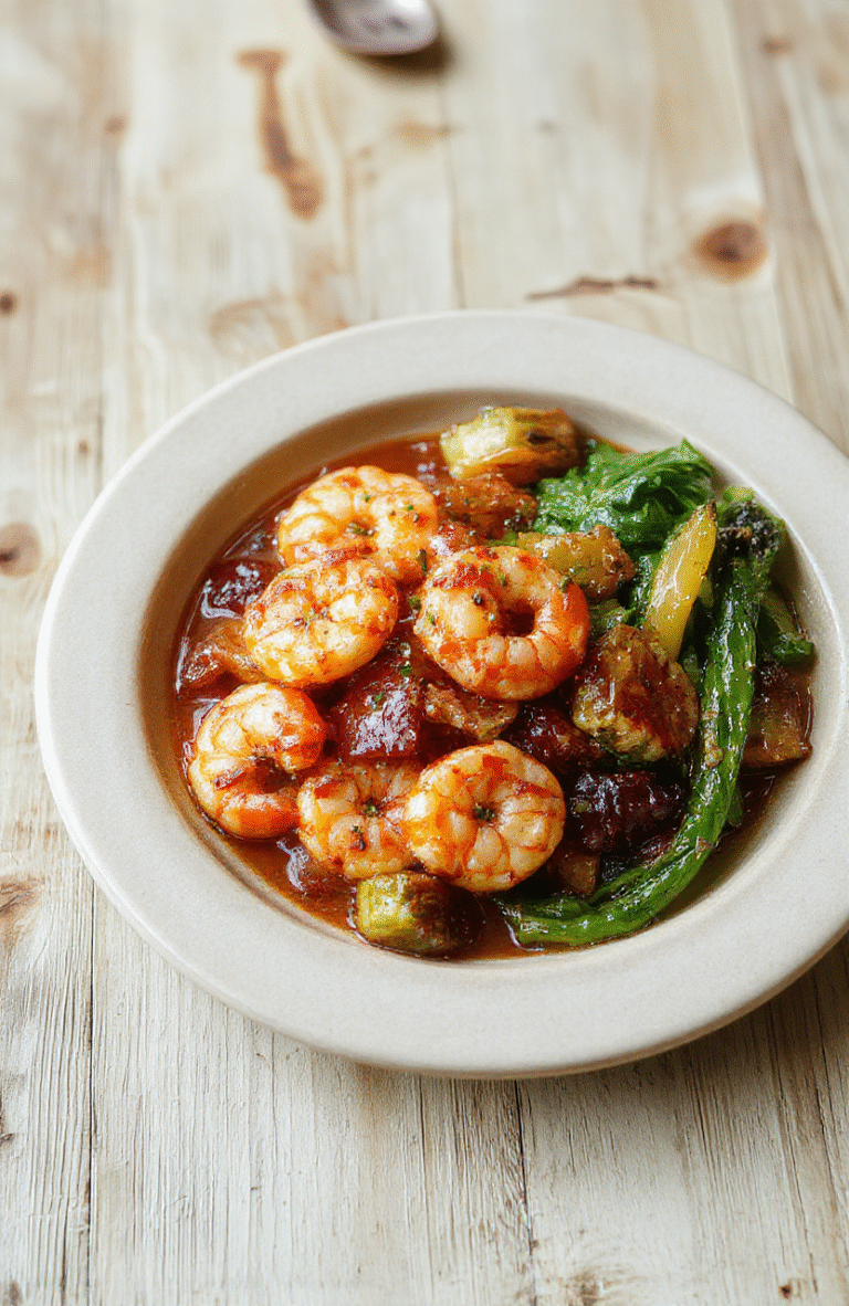 Plump pink shrimp glazed in glossy golden honey garlic sauce, nestled beside lightly charred broccoli florets and cherry tomatoes on a white ceramic plate. Fresh parsley sprigs add green contrast. Background is rustic wooden cutting board with subtle grain.