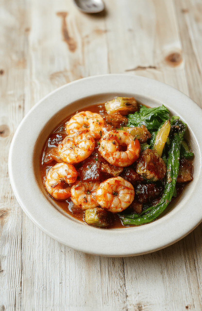 Plump pink shrimp glazed in glossy golden honey garlic sauce, nestled beside lightly charred broccoli florets and cherry tomatoes on a white ceramic plate. Fresh parsley sprigs add green contrast. Background is rustic wooden cutting board with subtle grain.