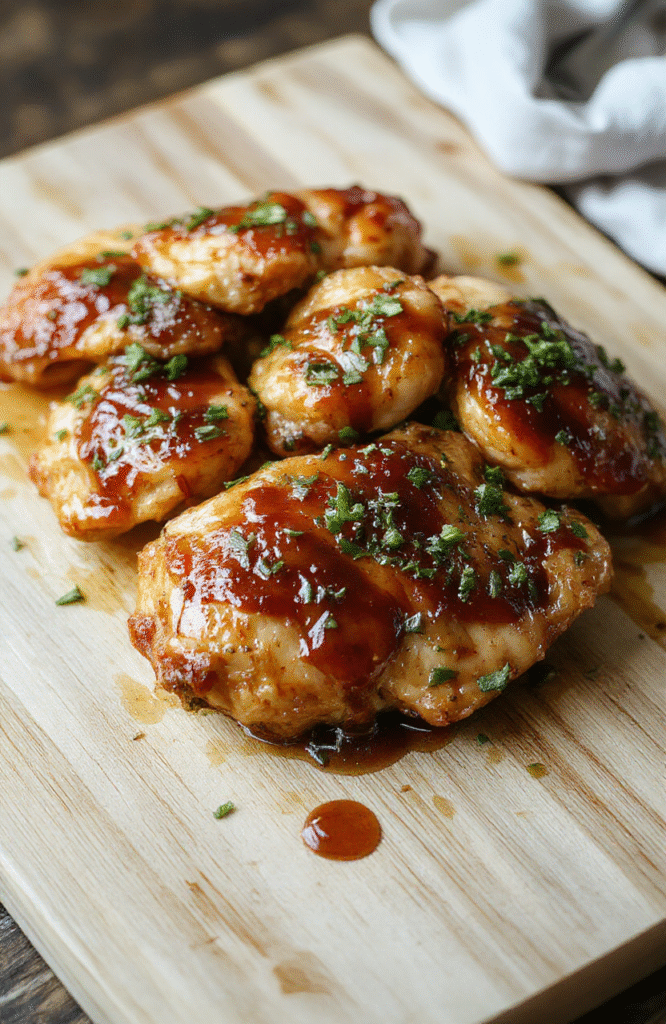 Juicy honey garlic glazed chicken thighs glistening under natural light, arranged atop a rustic wooden cutting board with caramelized garlic cloves, fresh rosemary sprigs, and a drizzle of golden honey. Soft shadows and vibrant color contrast from the reddish-brown glaze against the pale wood.