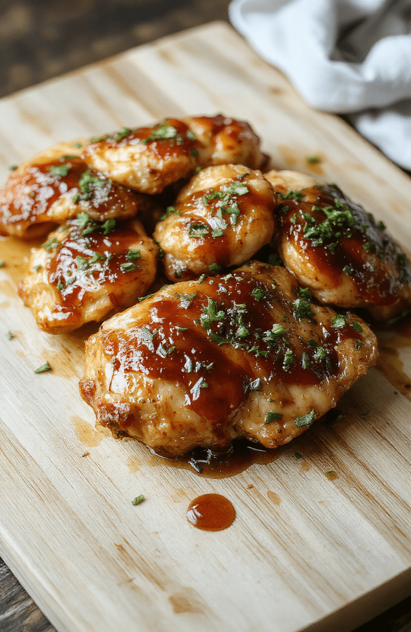 Juicy honey garlic glazed chicken thighs glistening under natural light, arranged atop a rustic wooden cutting board with caramelized garlic cloves, fresh rosemary sprigs, and a drizzle of golden honey. Soft shadows and vibrant color contrast from the reddish-brown glaze against the pale wood.