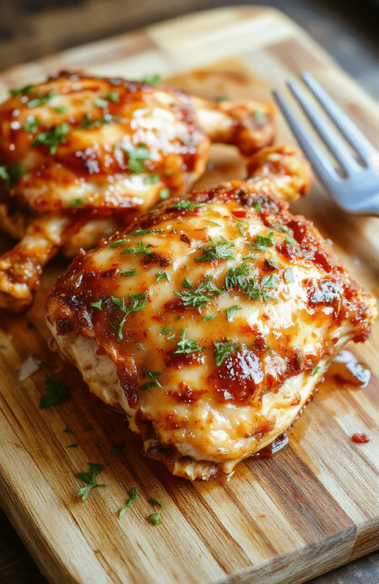 Golden-brown crispy-skinned chicken thighs glistening with glossy hot honey glaze, nestled于 a rustic ceramic plate with sprinkled chopped parsley and microgreens, side-by-side with charred lemon wedges and roasted garlic cloves against a warm wooden board