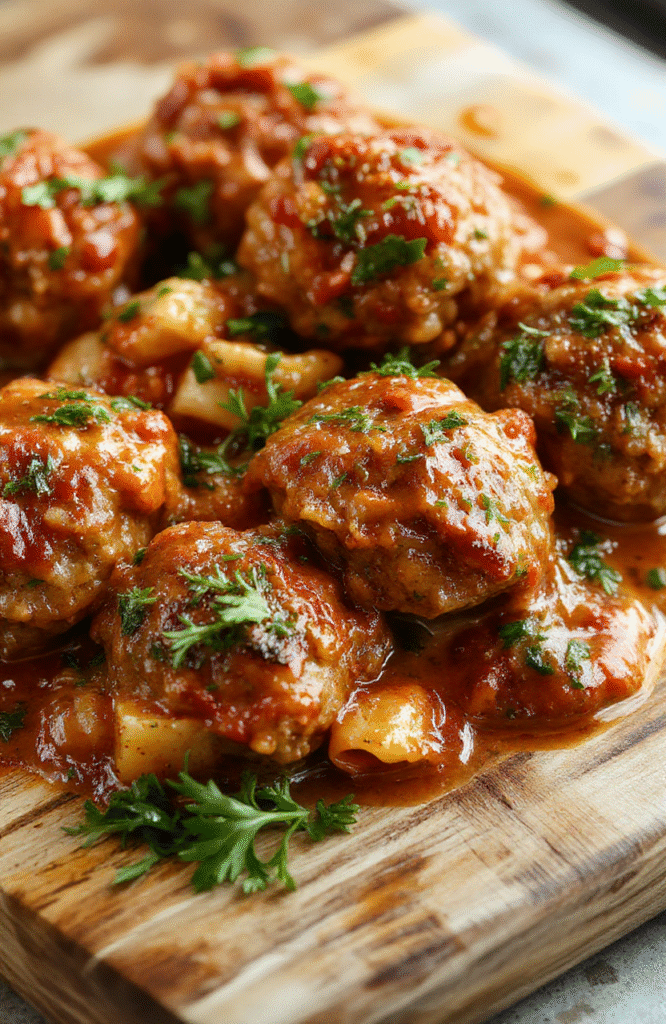 Golden-brown Italian meatballs nestled in a rich, bubbling tomato sauce in a rustic ceramic bowl, garnished with fresh basil leaves and a sprinkle of grated Parmesan, served alongside a small mound of al dente spaghetti