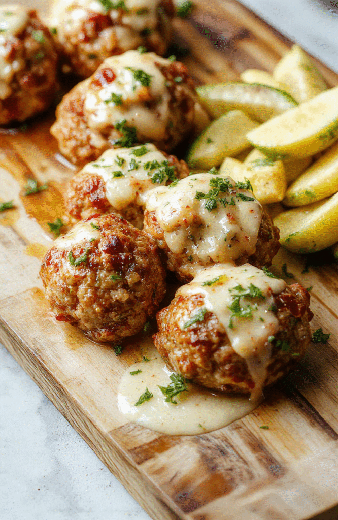 Glossy, golden-brown turkey meatballs glistening with garlic parmesan sauce, placed on a rustic wooden board next to fresh parsley and a small bowl of red pepper flakes, with soft natural daylight casting gentle shadows and shallow depth of fieldFocus