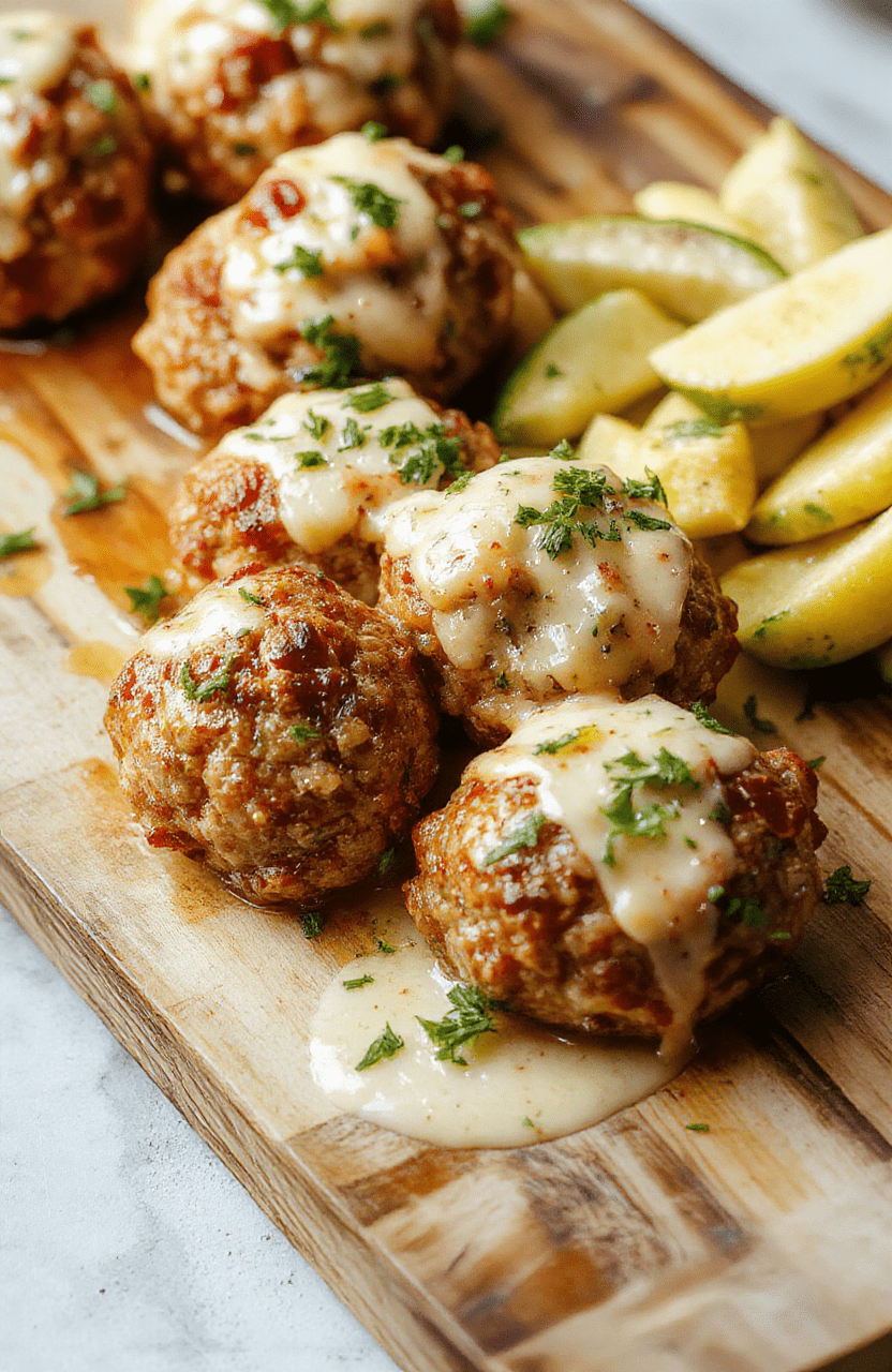 Glossy, golden-brown turkey meatballs glistening with garlic parmesan sauce, placed on a rustic wooden board next to fresh parsley and a small bowl of red pepper flakes, with soft natural daylight casting gentle shadows and shallow depth of fieldFocus