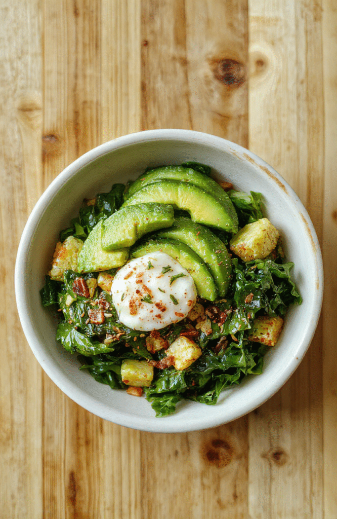 A vibrant keto breakfast bowl with creamy sliced avocado, wilted fresh spinach, golden fried eggs with runny yolks, crumbled bacon, and shredded cheese on a white ceramic plate with natural light and soft shadows.