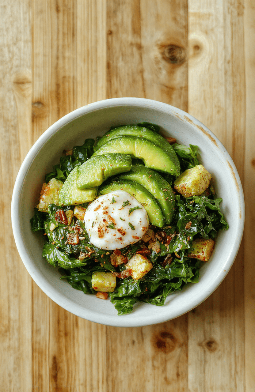 A vibrant keto breakfast bowl with creamy sliced avocado, wilted fresh spinach, golden fried eggs with runny yolks, crumbled bacon, and shredded cheese on a white ceramic plate with natural light and soft shadows.