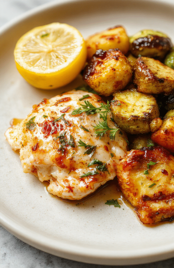 Vibrant plate with grilled lemon-garlic chicken breast slices beside a colorful mix of roasted rainbow bell peppers, zucchini, and cherry tomatoes, drizzled with fresh olive oil and parsley, served in a lightweight BPA-free meal prep container with a side of quinoa on the side.