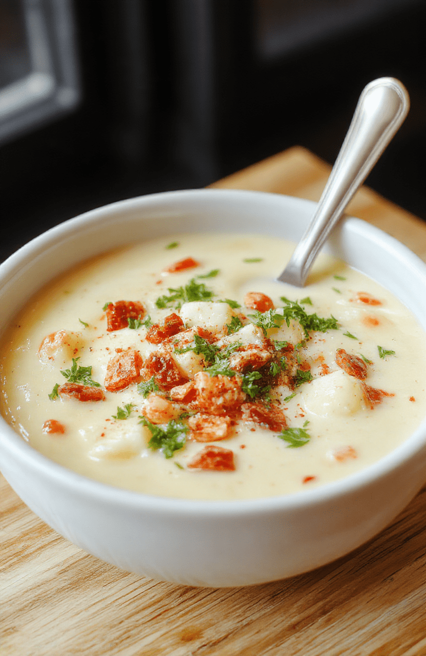 A steaming bowl of creamy loaded potato soup topped with crispy bacon bits, shredded cheddar cheese, chopped chives, and a dollop of sour cream, served in a rustic white ceramic bowl on a wooden table with soft natural lighting and shallow depth of field.