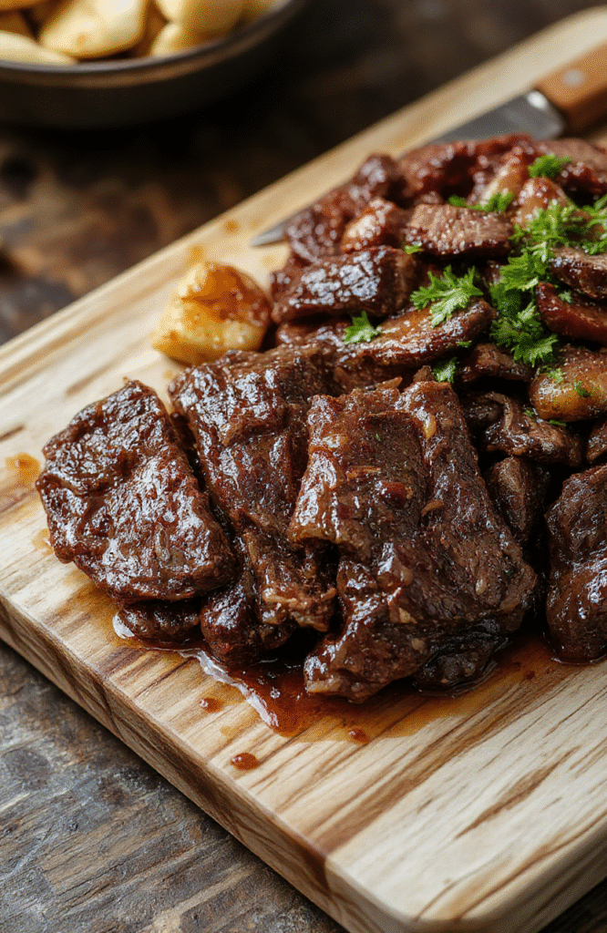A rich, glossy brown slow-cooked beef roast resting on a rustic wooden board, glistening with natural juices and fragrant herbs, surrounded by soft roasted carrots and baby potatoes, steam rising gently, natural daylight, shallow depth of field, upper two-thirds composition, lower third left empty for text overlay.