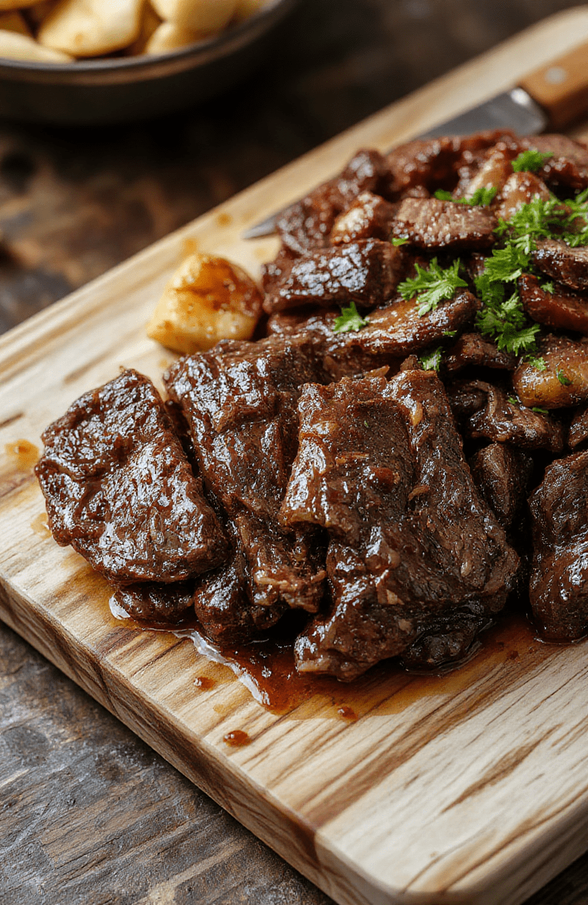 A rich, glossy brown slow-cooked beef roast resting on a rustic wooden board, glistening with natural juices and fragrant herbs, surrounded by soft roasted carrots and baby potatoes, steam rising gently, natural daylight, shallow depth of field, upper two-thirds composition, lower third left empty for text overlay.