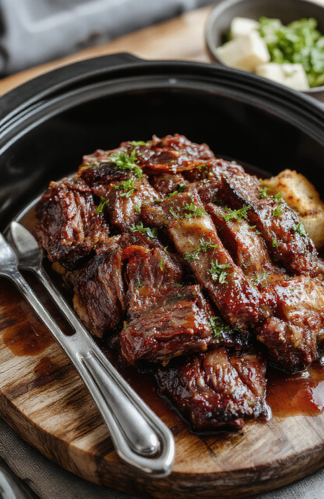 A rustic slow cooker filled with tender, juicy beef roast surrounded by golden garlic cloves, sliced dill pickles, onion rings, and melted butter dripping down the sides, steam rising lightly, served on a white ceramic plate with garnished parsley.