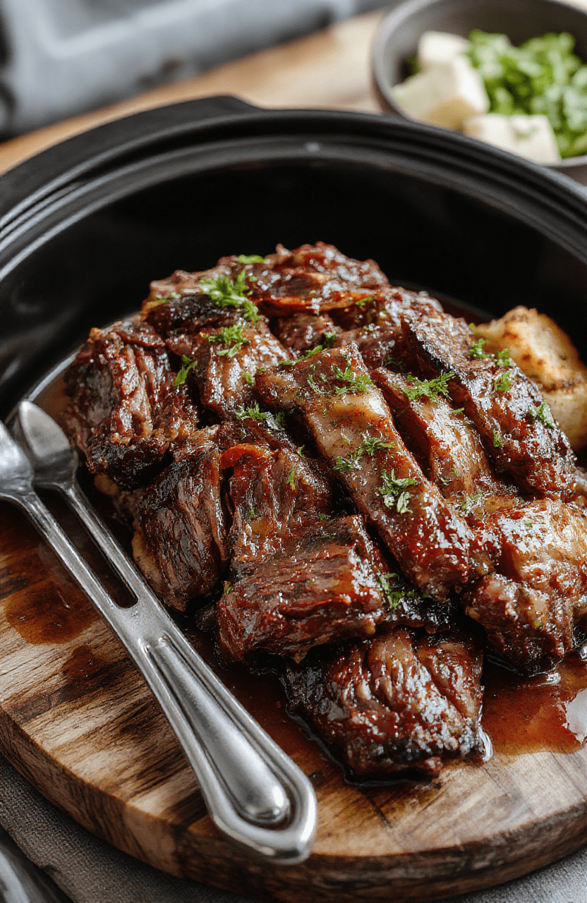 A rustic slow cooker filled with tender, juicy beef roast surrounded by golden garlic cloves, sliced dill pickles, onion rings, and melted butter dripping down the sides, steam rising lightly, served on a white ceramic plate with garnished parsley.