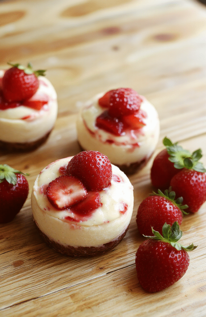 Three perfect halved strawberries filled with creamy lemon-yellow no-bake cheesecake mixture, dusted with powdered sugar, on a white ceramic plate with fresh berry garnish and mint leaf, soft natural light, shallow depth of field.