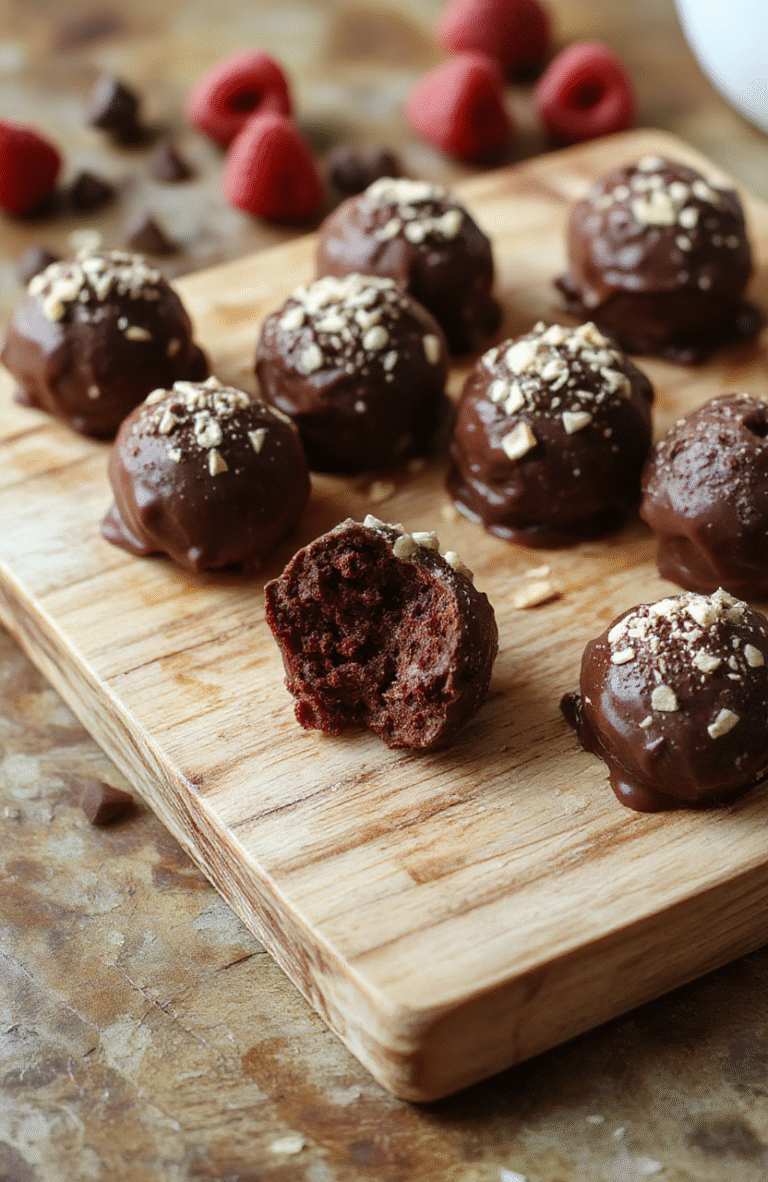 Handful of glossy, pastel-hued chocolate raspberry truffles resting on a rustic wooden board, dusted with powdered sugar and topped with fresh raspberries and edible gold flakes. Background is soft cream linen with scattered rose petals and a sprig of mint.