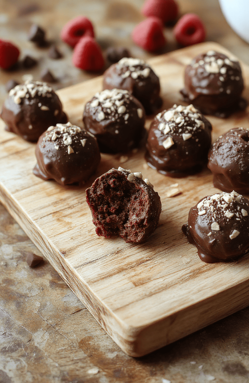 Handful of glossy, pastel-hued chocolate raspberry truffles resting on a rustic wooden board, dusted with powdered sugar and topped with fresh raspberries and edible gold flakes. Background is soft cream linen with scattered rose petals and a sprig of mint.