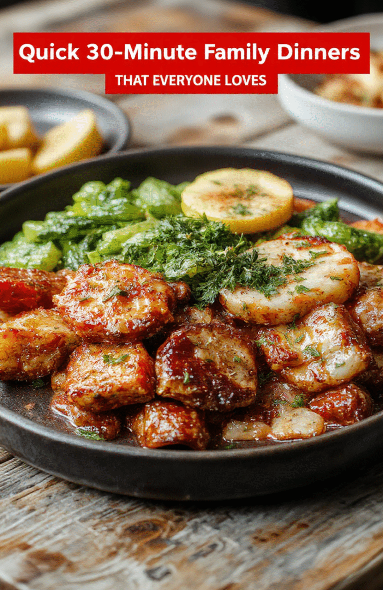 A vibrant, heaping 12-inch ceramic plate centers perfectly pan-seared chicken thighs with golden-brown skin, served alongside roasted rainbow carrots, baby potatoes, and a handful of fresh parsley. Steam rises gently from the dish, and a drizzle of golden olive oil glistens on top. The plate rests on a rustic wooden table with soft natural light and shallow depth of field.