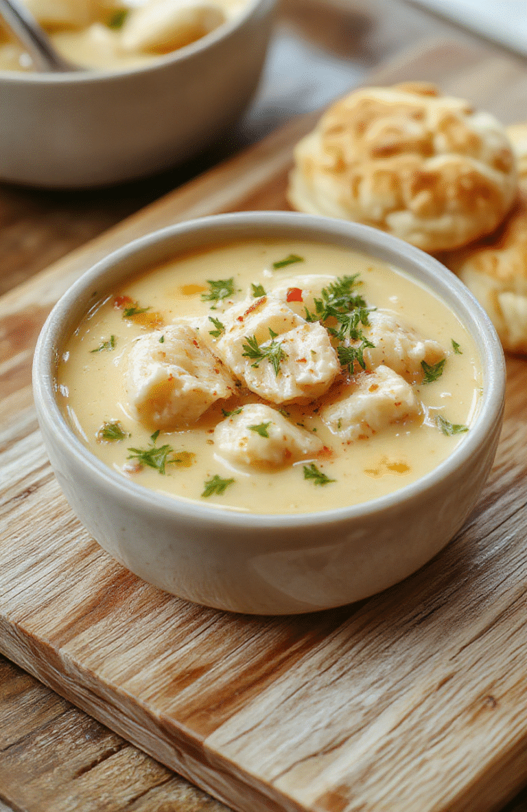 A steaming bowl of golden chicken dumpling soup with tender shredded chicken, soft fluffy biscuit dumplings, and vibrant green peas and carrots in a rich creamy broth, garnished with fresh parsley, served on a rustic wooden board