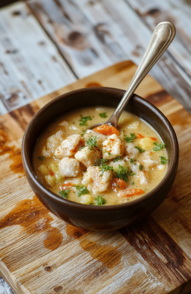 A rustic ceramic bowl filled with golden chicken noodle soup, featuring tender shredded chicken, soft yellow noodles, vibrant green parsley, and sliced carrots. Steam rises gently from the surface, and a wooden spoon rests beside the bowl. Natural light highlights the soup's warmth and inviting texture.