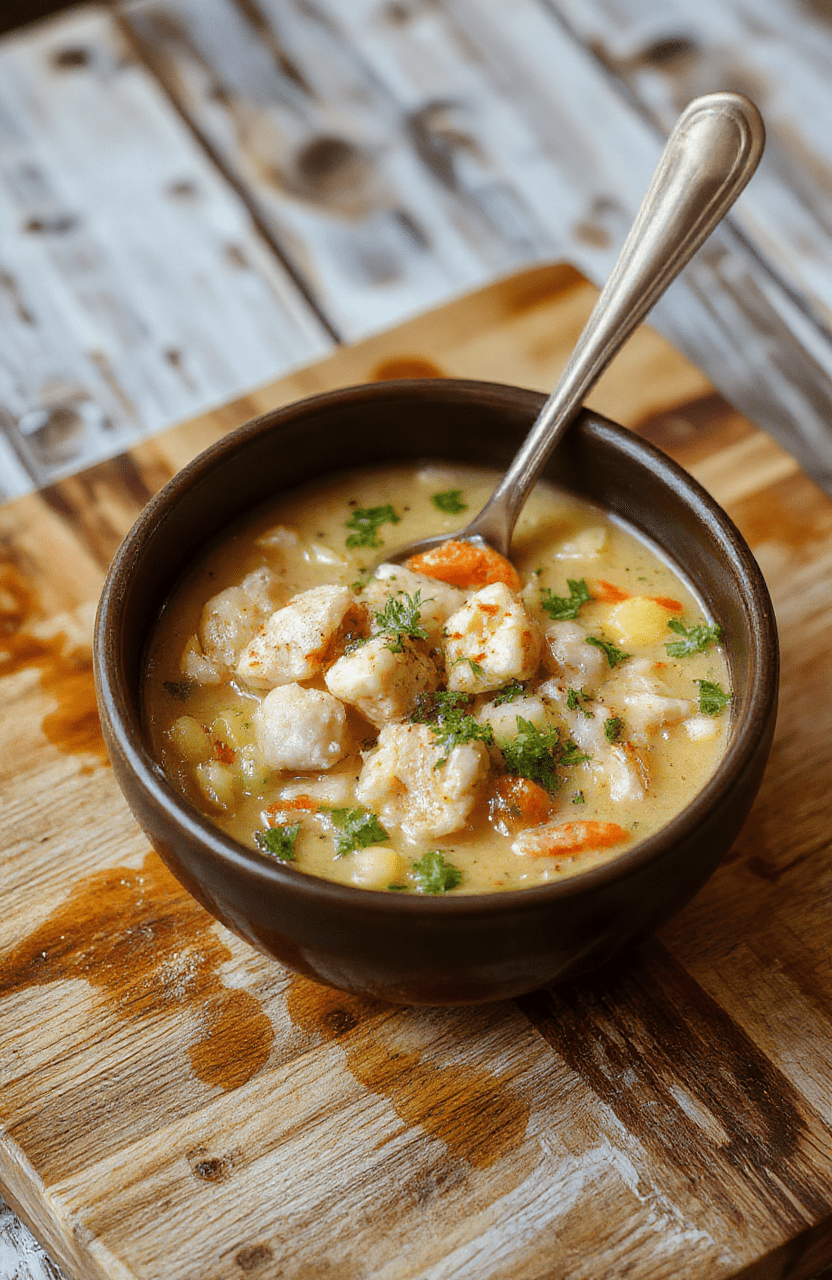A rustic ceramic bowl filled with golden chicken noodle soup, featuring tender shredded chicken, soft yellow noodles, vibrant green parsley, and sliced carrots. Steam rises gently from the surface, and a wooden spoon rests beside the bowl. Natural light highlights the soup's warmth and inviting texture.