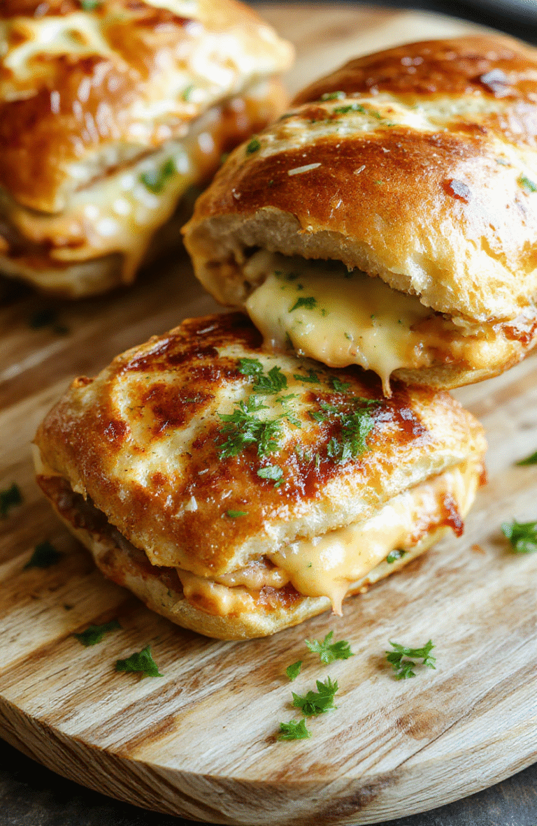 A golden-brown grilled cheese sandwich made with soft Hawaiian rolls, sliced melted cheddar and American cheese oozing from between the slices, lightly buttered crust, garnished with a small pickle spear and sprig of parsley on a rustic wooden board