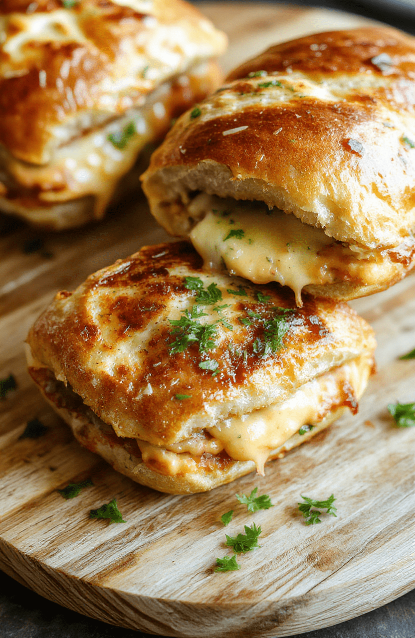 A golden-brown grilled cheese sandwich made with soft Hawaiian rolls, sliced melted cheddar and American cheese oozing from between the slices, lightly buttered crust, garnished with a small pickle spear and sprig of parsley on a rustic wooden board