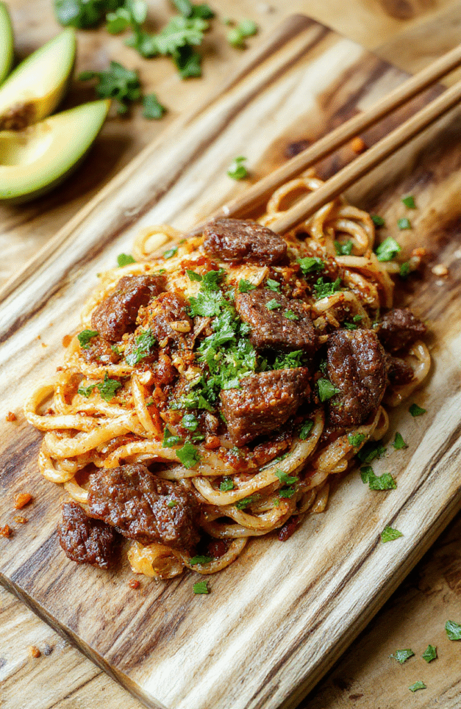 A rustic ceramic bowl filled with glistening wide rice noodles tangled with thin slices of caramelized beef, bright snap peas, shredded carrots, and chopped green onions, all coated in a glossy, dark soy-based glaze with sesame seeds sprinkled on top. The dish is plated on a light wooden cutting board with a small bowl of extra sauce nearby.