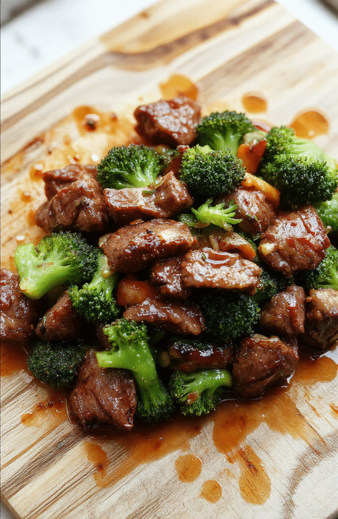 Glossy, caramelized beef strips and tender-crisp broccoli florets in a rich, dark brown sauce, served in a rustic ceramic bowl on a light oak cutting board with fresh sesame seeds and sliced green onions scattered on top, natural daylight, soft shadows, shallow depth of field