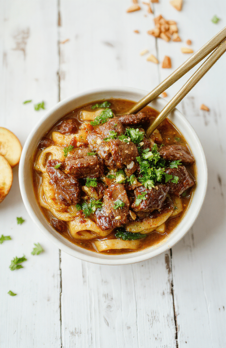 Glossy orange-brown sticky beef noodles in a white ceramic bowl, topped with sesame seeds, thinly sliced green onions, and a few pickled daikon radish ribbons, placed on a rustic wooden table with soft natural light casting gentle shadows.