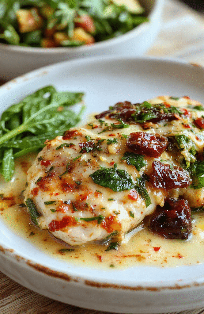 Golden-brown seared chicken breast topped with creamy parmesan sauce, vibrant baby spinach, rich sun-dried tomatoes, and a sprinkle of fresh basil, served over al dente pasta in a rustic white ceramic bowl, garnished with cracked black pepper and a drizzle of olive oil