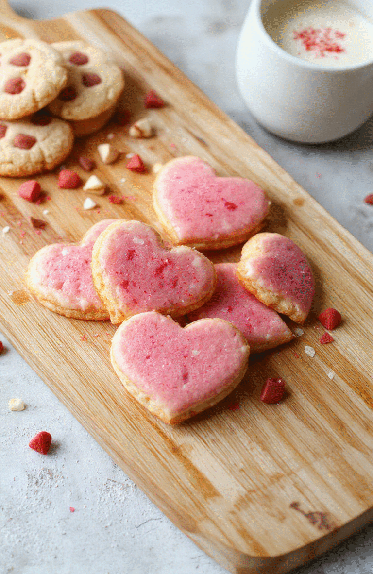 Delightful homemade Valentine’s Day heart-shaped cookies with delicate pink icing swirls and red heart sprinkles, placed on a rustic wooden cutting board beside a sprig of fresh mint and a dusting of powdered sugar, soft natural light, shallow depth of field, casual appetizing photography style.