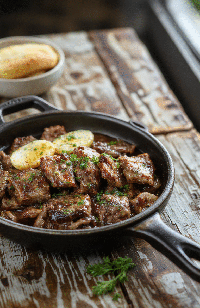 Juicy steak strips glistening with golden garlic butter sauce, nestled in a sizzling cast iron skillet beside lightly charred broccoli florets and rustic roasted baby potatoes, dusted with fresh parsley and black pepper, on a rustic wooden table with soft natural lighting.