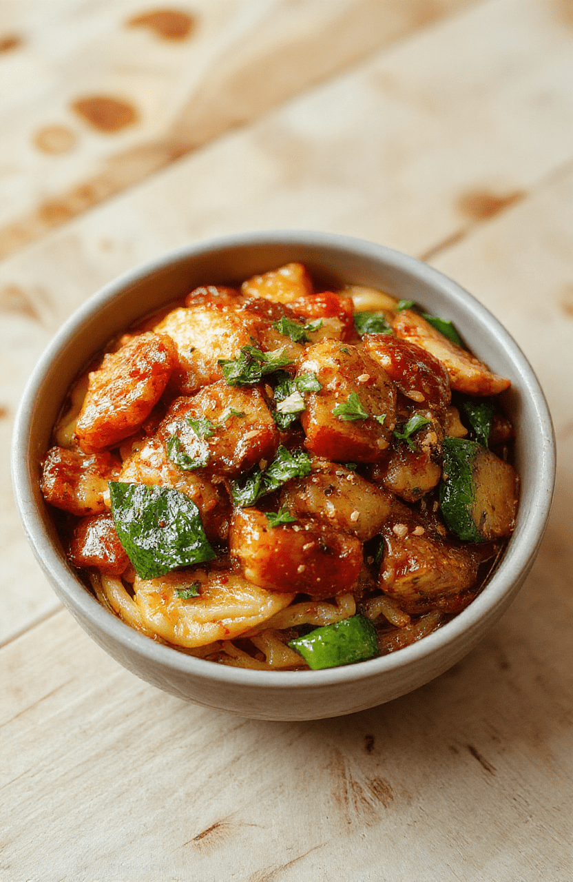 Brightly plated steaming kung pao noodles in a white ceramic bowl, featuring tender chicken, vibrant red bell peppers, green onions, cracked peanuts, and spicy chili flakes, glistening with glossy sauce, arranged over al dente rice noodles, garnished with sesame seeds and cilantro, shot on light maple wood surface with soft natural light and shallow depth of field.
