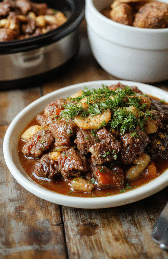 A rustic ceramic crockpot centerpiece filled with tender, pinkish-brown slow cooker pot roast, surrounded by golden-brown carrots, creamy Yukon Gold potatoes, and caramelized onions, with rich, glossy brown gravy pooling at the base. Steam rises delicately, and a cast-iron spoon rests partially submerged in the sauce.