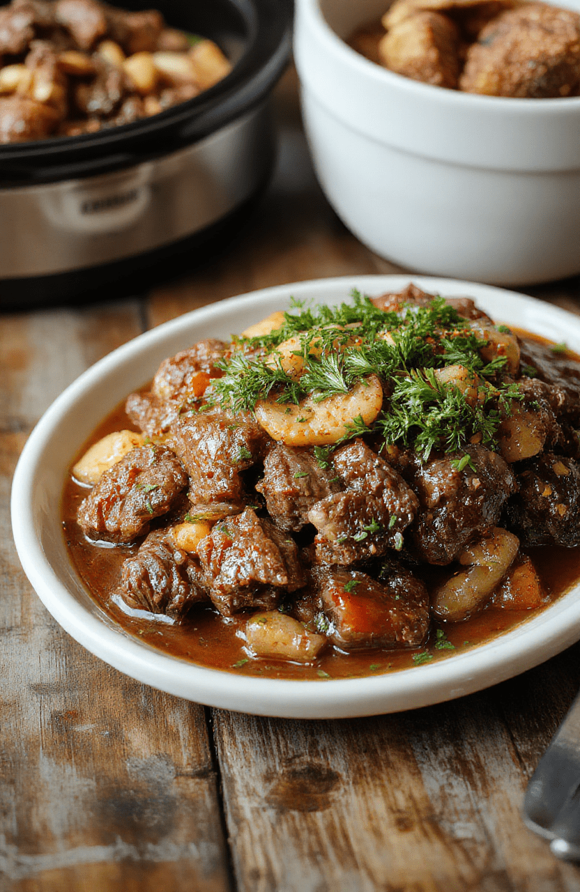 A rustic ceramic crockpot centerpiece filled with tender, pinkish-brown slow cooker pot roast, surrounded by golden-brown carrots, creamy Yukon Gold potatoes, and caramelized onions, with rich, glossy brown gravy pooling at the base. Steam rises delicately, and a cast-iron spoon rests partially submerged in the sauce.
