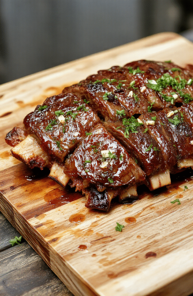 Fall-off-the-bone tender braised short ribs resting on a rustic wooden board, glistening with rich brown glaze, surrounded by caramelized onions, fresh thyme sprigs, and roasted baby carrots; shallow depth of field, natural daylight, soft shadows, appetizing textures